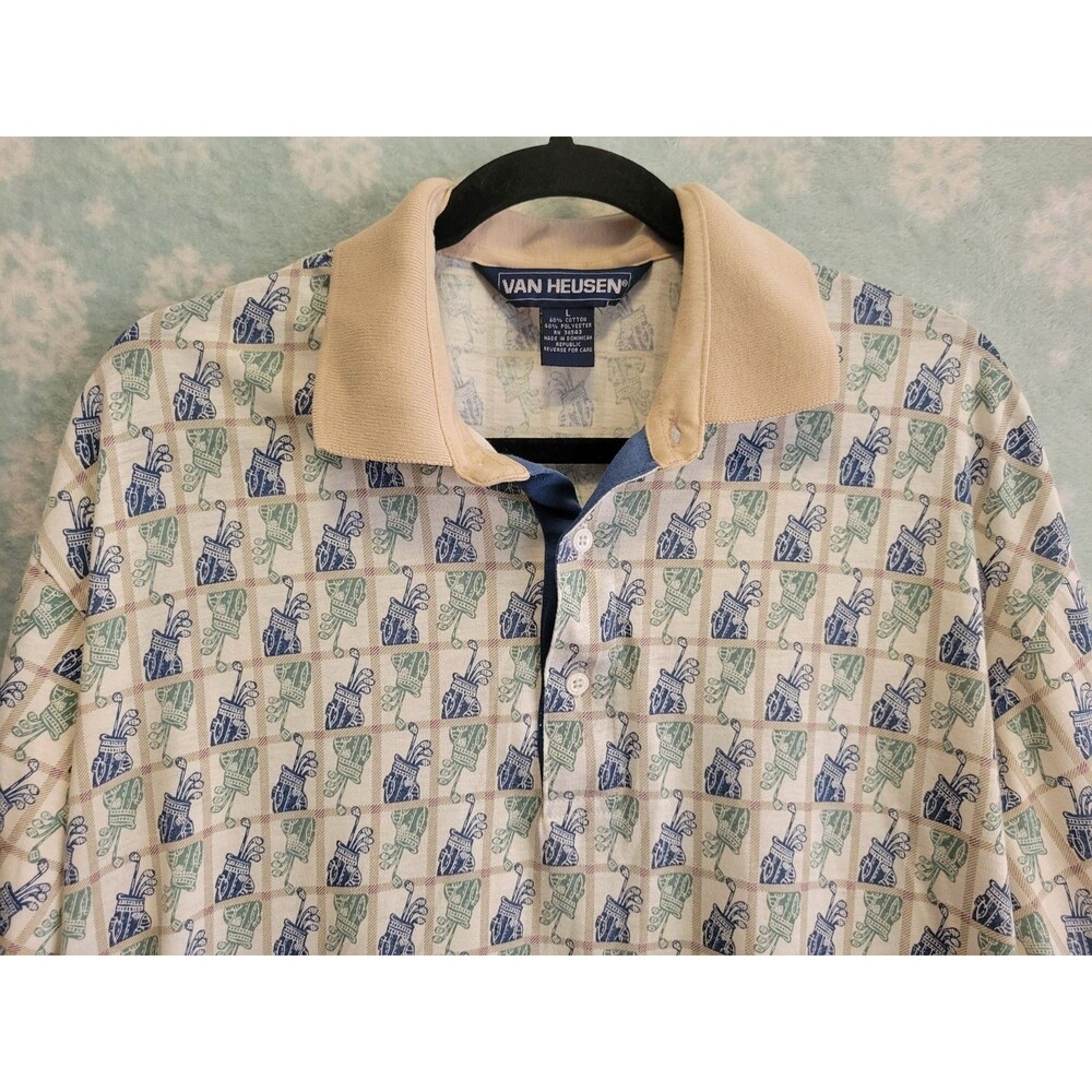 Vtg Golf Polo Shirt L Bag Pattern Green Khaki Cotton Sport Outdoor Old Money